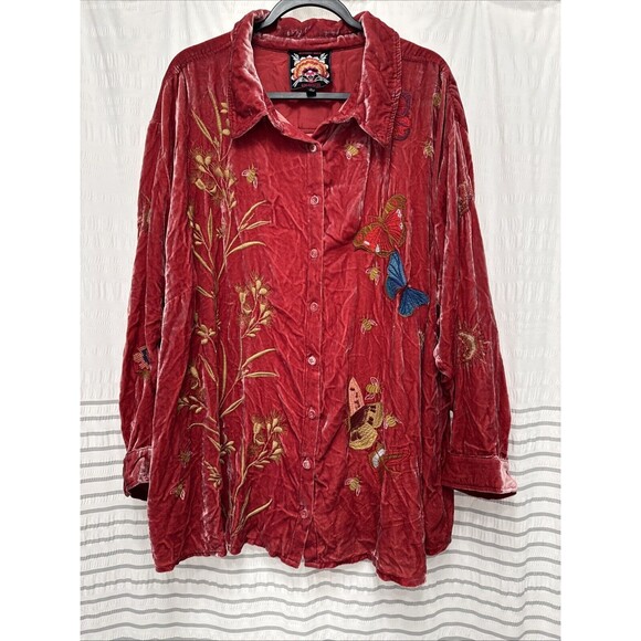 Johnny Was Tunic Shirt Button Up 3XL‎ Red Velvet Oversized Floral Embroidered - Picture 1 of 15